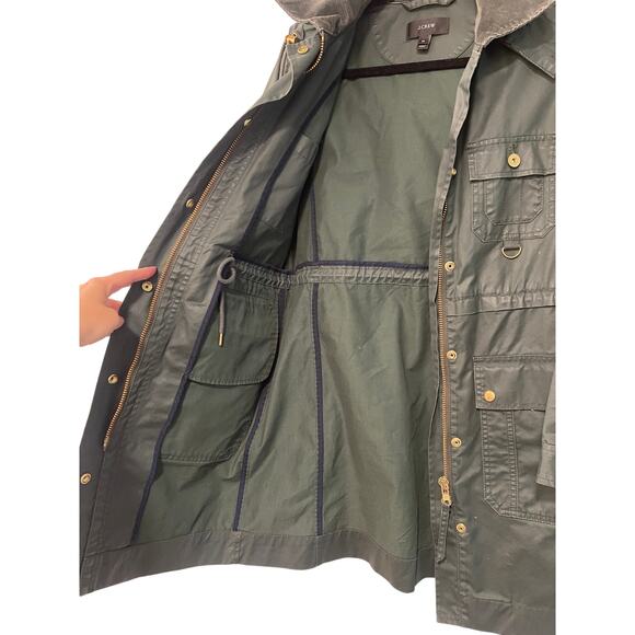 J Crew XS Waxed Cotton Long Military Field Coat Hooded Barn Jacket Army Green - Picture 8 of 13